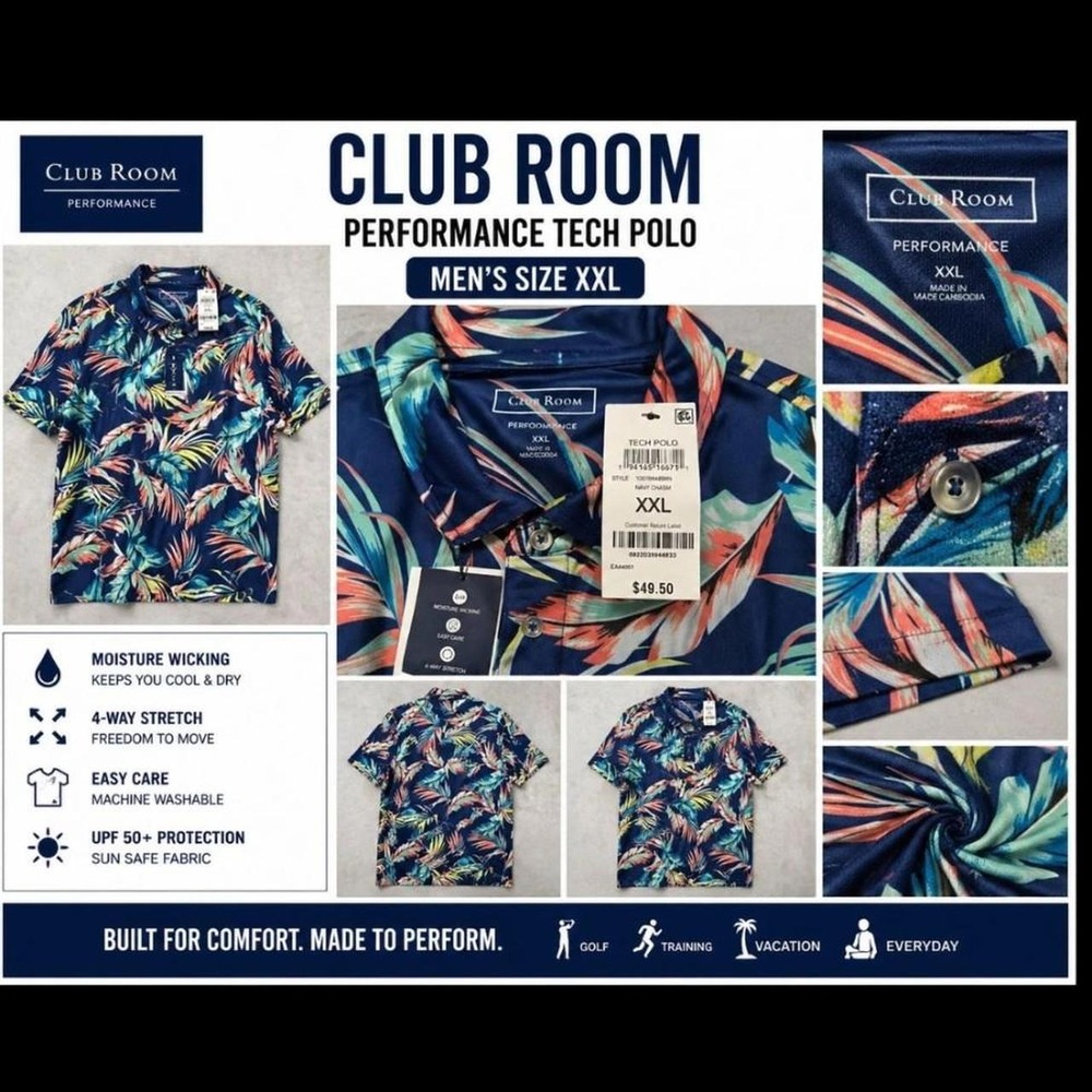 Club Room Performance Tech Polo Navy Crush Tropical Palm Leaf Mens XXL New